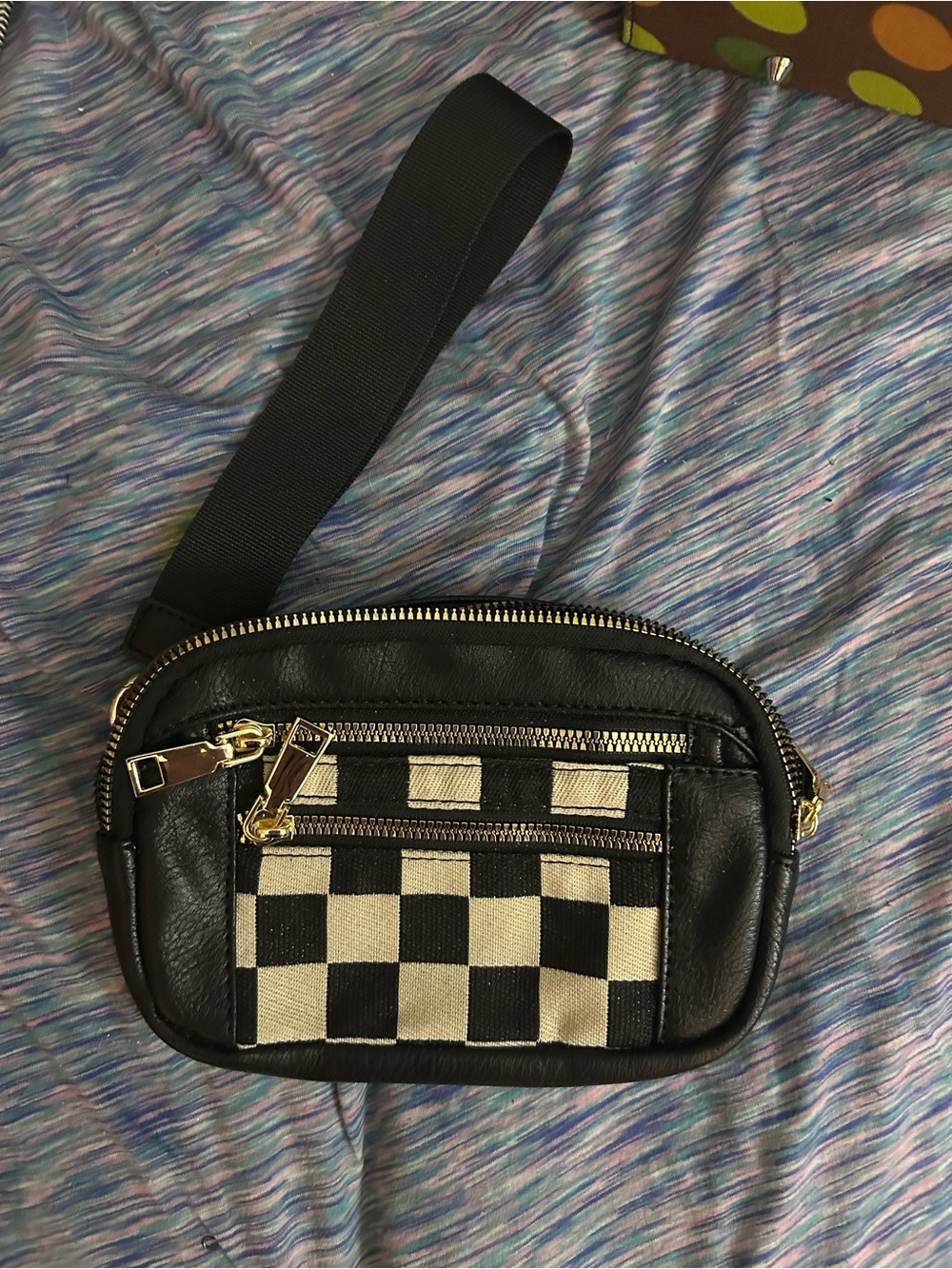 Black Leather Crossbody Wallet with Checker Canvas Front
